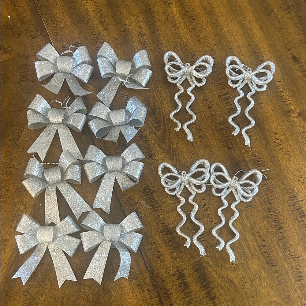 Sparkling Silver Bow Ornaments